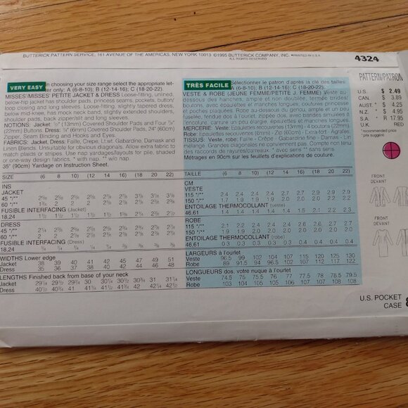 Jacket and Dress Sewing Pattern Size 6-10 See & Sew 4324 UNCUT Vintage 90s - Picture 5 of 10